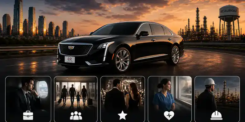 Luxury Cadillac sedan transportation between Houston and Beaumont featuring business travelers, families, healthcare professionals, event guests, and industrial travelers using private chauffeur service with Lavish Ride branding.